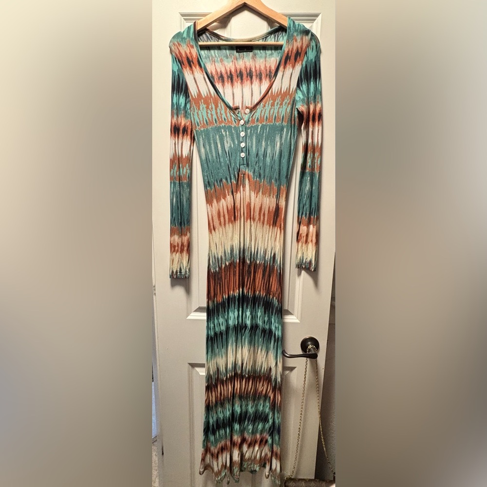 Torn by Ronny Kobo Teal and Brown Patterned Dress